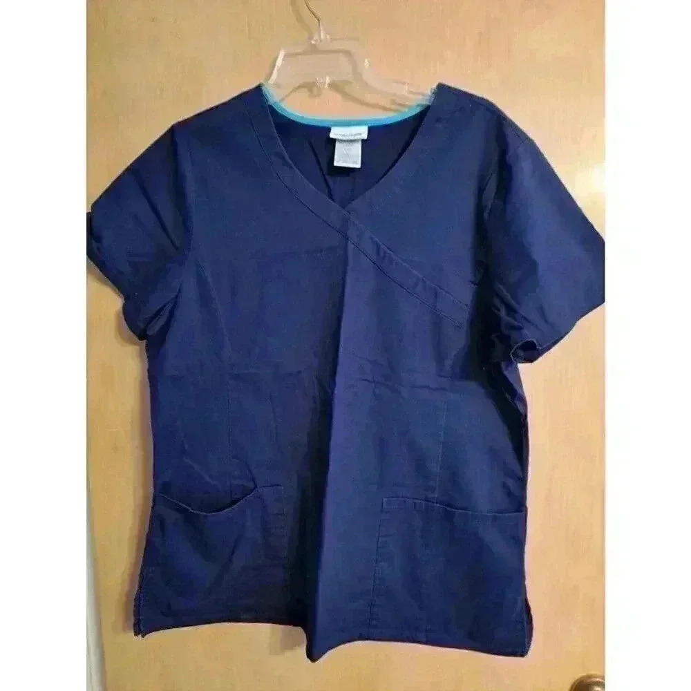 ScrubStar Womens L Large Scrub Top Navy  Blue‎ Solid V Neck Wrap Pocket